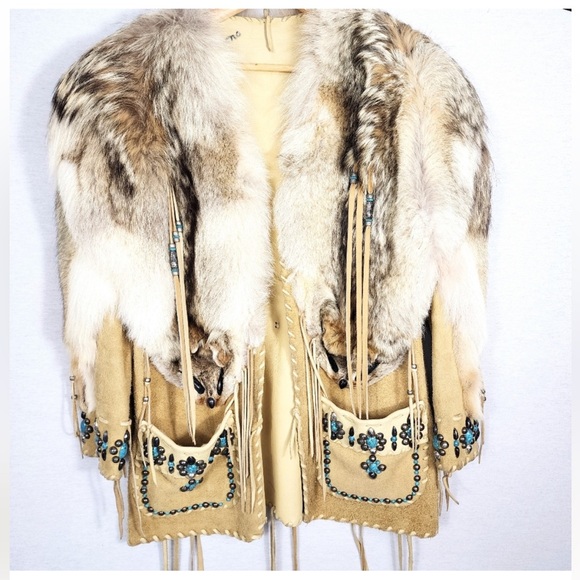 Vintage Jackets & Blazers - Handmade Vintage Fox Fur Southwestern Turquoise Tassel Leather Coat Jacket
